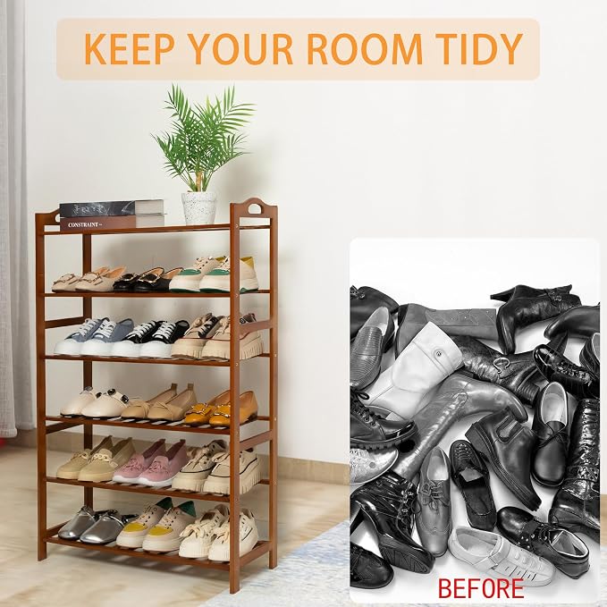 6 Tier Bamboo Shoe Rack, Free Standing Shoes Rack Shoe Shelf Shoe Organizer for Closet, Entryway, Bedroom, Living Room, Front Door, Studio, Bathroom
