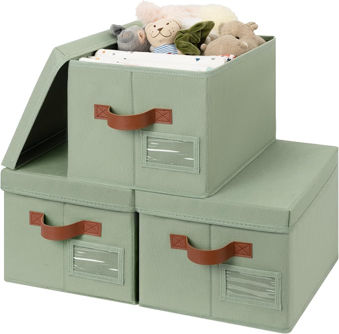 GRANNY SAYS Storage Basket with Lid, Linen Fabric Storage Bins with Label, Decorative Storage Boxes, Clothes Storage and Organization, Memory Keepsake Box, 3-Pack, Green