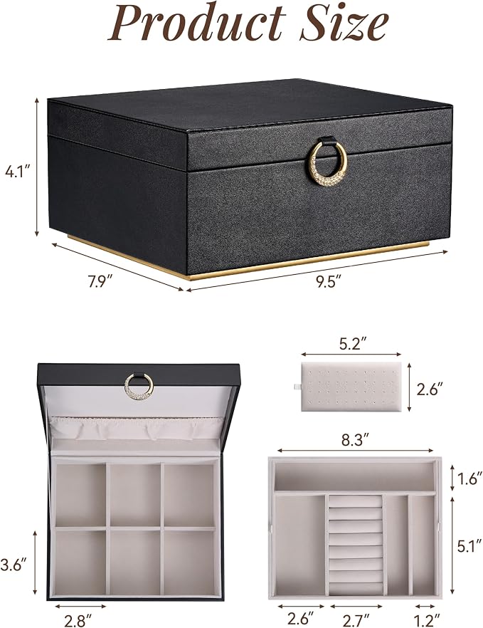pickpiff 2 Layer Jewelry Box Organizer for Women, Jewelry Organizer with Handle & Removable Tray, Necklace Holder Ring Earring Storage, Velvet Lined Jewelry Case for Home or Travel, Gift Ready, Black