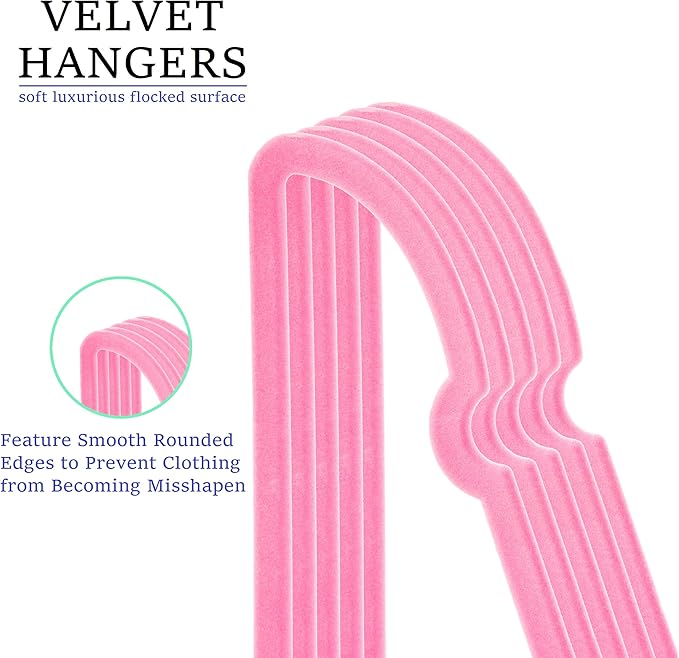 Velvet Hangers 20 Pack, 16" Non Slip Adult Hangers, Slim Clothes Hanger with 360 Degree Swivel Hook - Durable & Cute for Coats, Shirts, Dress (Pink) | 360° Swivel Hooks, Cascade Design, Space Saving, Slim