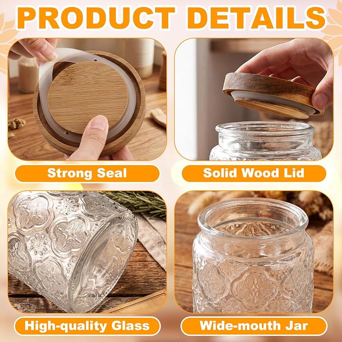 LemonRoad 4 Pcs Vintage Clear Glass Storage Jars 23.7 oz Mason Jar Canister with Wood Lids Food Storage Container for Cookie, Pantry, Candy Kitchen, Coffee, Tea, Flour, Sugar, Decorative Home Decor