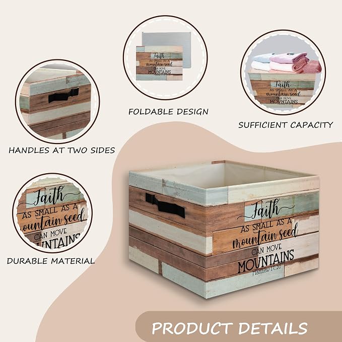 Retro Farmhouse Christian Bible Basket Foldable Storage Bins Box with Handles, Matthew 17:20 Bible Verse Religious Collapsible Organizer Basket for Christian Home Room Clothes Toys Books