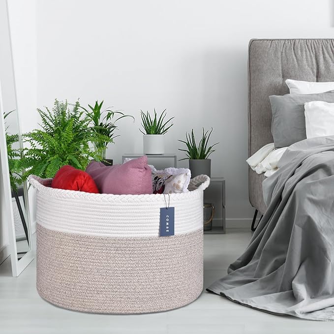 COMSE Extra Large Blanket Basket, Woven Laundry Basket, 21.7”x 13.8”, Nursery Hamper, Cotton Rope Laundry Hamper Living Room for Storage Toys Clothes Towels (White & Light Brown)