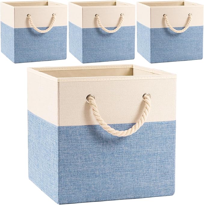 PRANDOM Large Foldable Cube Storage Bins 11x11 inch [4-Pack] Fabric Linen Storage Baskets Cubes Drawer with Cotton Handles Organizer for Shelves Nursery Closet Bedroom Beige/Blue
