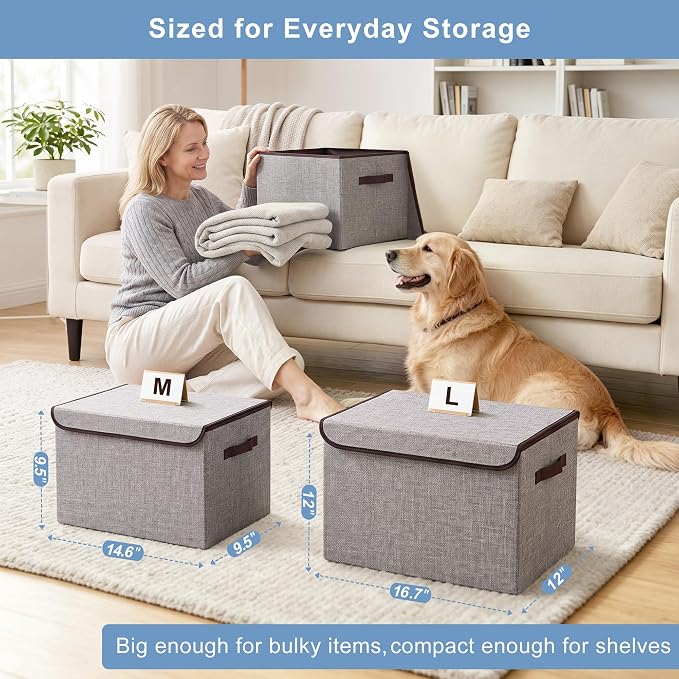 Bagnizer Large 17" 42 Quarts Collapsible Stackable Storage Bins with Lids [3-Pack] Foldable Fabric Linen Storage Boxes Cube, Closet Organizer Baskets with Label for Home (16.7 x 12 x 12, Gray)