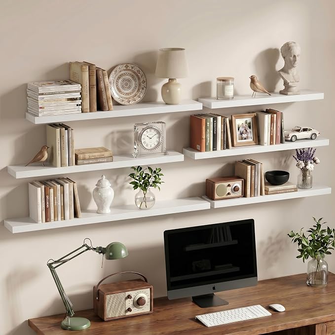 Vivelove 36 Inch Floating Shelves Wall Mounted for Display, 6.5 Deep Duty Shelves with Invisible Brackets for Living Room,Bedroom,Kitchen, Bathroom Storage & Decor,36" Wx6.5 Dx1.4 H - White