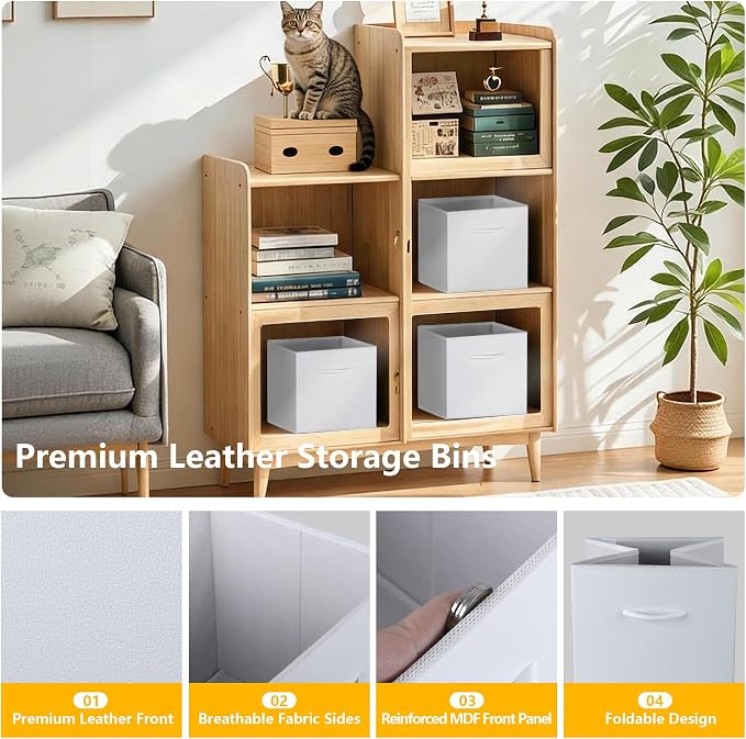 WUIKE 11-Inch White Cube Storage Bins, Leather Front, 4-Pack | Collapsible Cubby Organizer Baskets with Handles for Shelves, Closets, Bedrooms, and Rooms