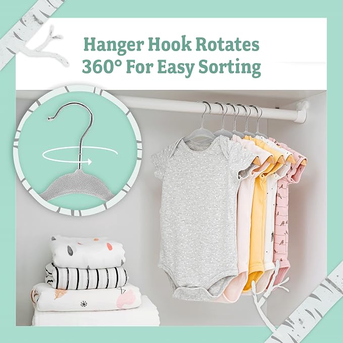 Kids Plastic Velvet Hangers for Closet, Children Non-Slip Hangers Dividers for Nursery Closet Organizer, Grey - Pack of 15