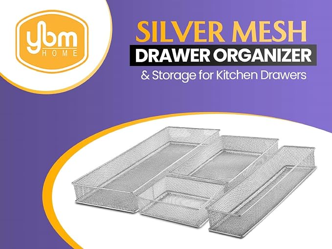 YBM Home Silver Mesh Drawer Organizer and Storage for Kitchen Drawers, Serves as School Supply Holder, Office Desktop Organizer Basket, Makeup and Craft Supplies Organization, (2 Pack, 8x12x2 Inch)