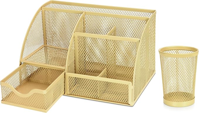 Flexzion Metal Mesh Desk Organizer with Drawer, 6 Compartments, Rose Gold | Compact desktop caddy with separate pen holder; 8.7 x 5.5 x 5 in for office supplies, home study, or dorm use