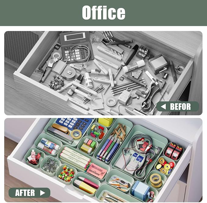 Drawer Organizers Bins 10 PCS for Bathroom Makeup Desk Office | with Non-slip Pads, 3 Sizes, Plastic Tray, Vanity Organizer, Kitchen Utensils Organizer