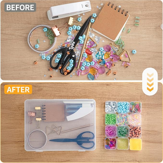 Portable Bead Organizer, 60Pcs Small Clear Storage Boxes with Hinged Lid and Large Craft Case with Handle, Mini Plastic Containers for Jewelry Making Diamonds Arts Screws Seeds Small Parts