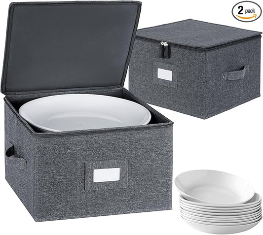 popoly China Storage Containers Hard Shell Inside 12" W x 8" H, Dinner Plate Storage Containers for Dishes, Dinnerware with 24 Felt Dividers, Hold 24 Plates, Storage Stackable (2 Pack Grey)