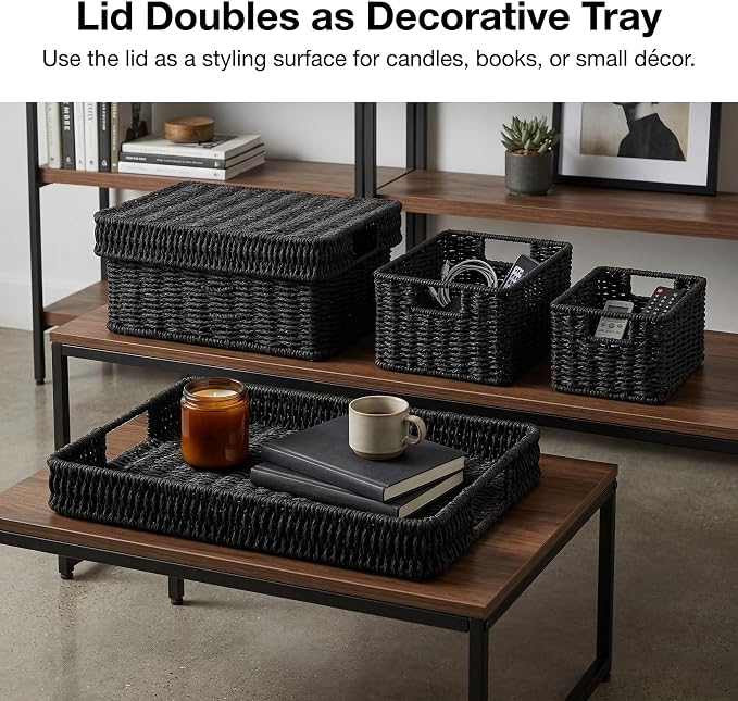 Wicker Storage Basket with Lid - Woven Basket for Storage,Rectangular Decorative Boxes Bins with Lids for Shelves,living room, Nursery, 3 baskets+1 lids(Black)