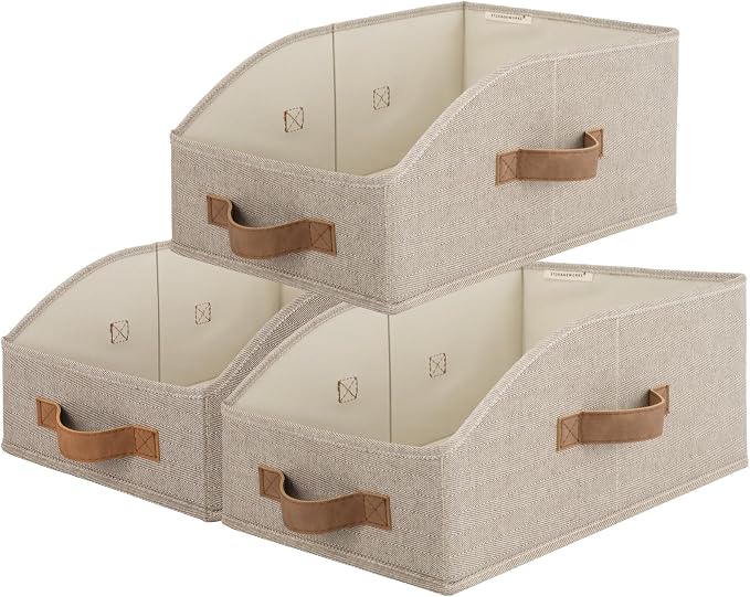 StorageWorks Closet Baskets for Organizing, Trapezoid Storage Bins, Linen Closet Organizers and Storage, Clothes Storage Baskets, Medium, Brown and Beige, 3-Pack