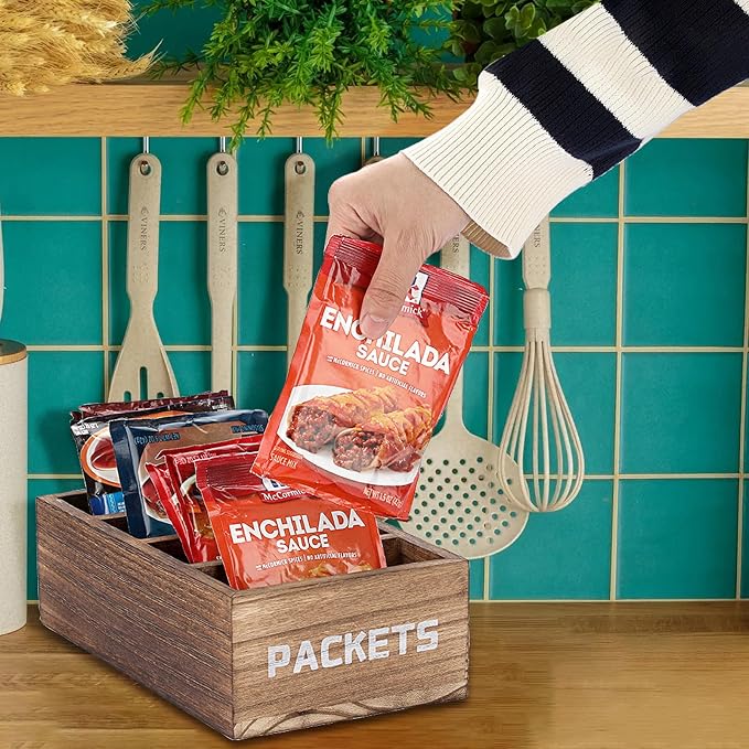 BSTKEY Seasoning Packet Organizer, Food Packet Storage Organizer with 4 Compartments, Wooden Storage Caddy for Kitchen Pantry Cabinet, Farmhouse Kitchen Organization Bin for Snacks Spice Packets