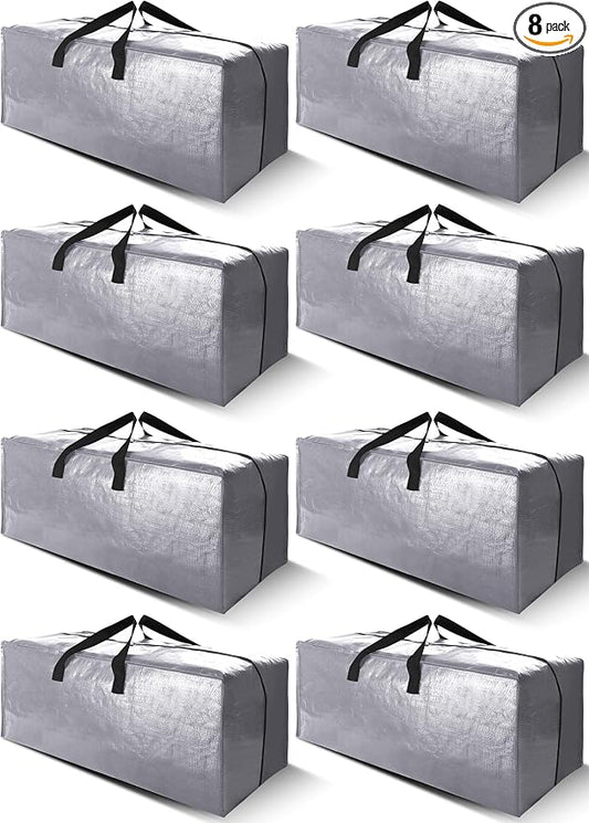 Cosy Family 8 Pack Heavy Duty Extra Large Moving Bags with Backpack Straps - Strong Handles & Zippers, Storage Totes For Space Saving, Fold Flat, Alternative to Moving Box (40 gal, Silver)