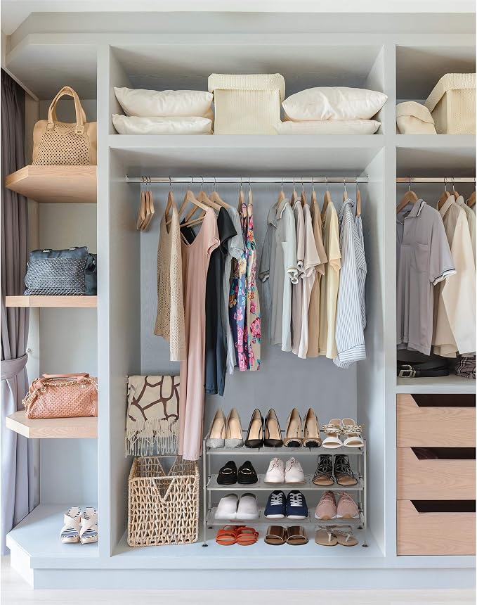 Seville Classics Multi Level Shoe Rack Sturdy Freestanding Shelf for Bedroom, Closet, Entryway, Stackable Durable Metal Home Storage, 3-Tier, 12-Pair Mesh, Satin Pewter Mesh 1 Piece