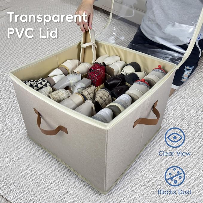 𝐌𝐄𝐂𝐈𝐍𝐅𝐔𝐋 2 Pack Shoe Organizer Box – Large Capacity Shoe Storage Organizer with Transparent Cover & Flexible Dividers, Fits 16-32 Pairs, Fabric Shoe Storage Organizer Box, Entryway, Dorm