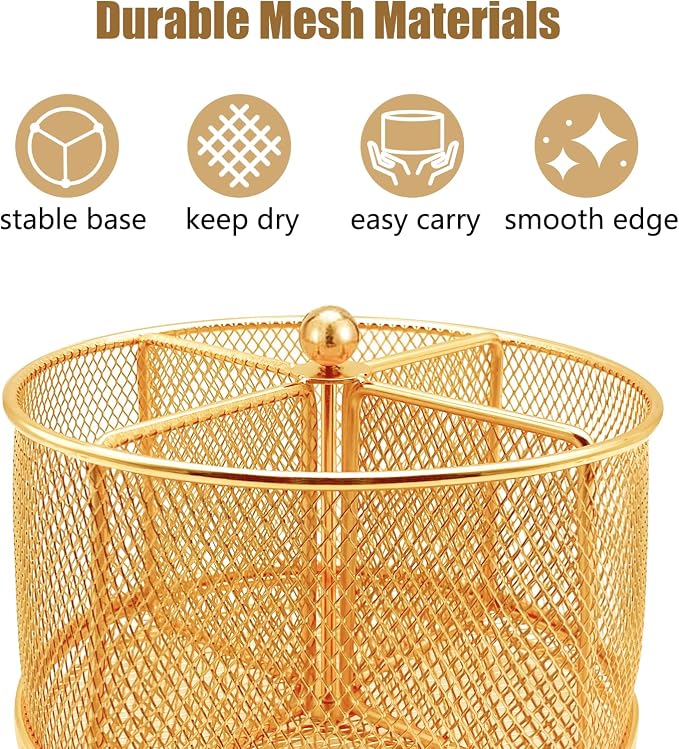 DysanVica 360° Rotating Metal Utensil Caddy - 4 Compartment Silverware Cutlery Holder Rotation Fork Spoon Napkin Organizer Flatware Storage Basket Party Countertop Buffet Picnic Camping Outdoor Gold