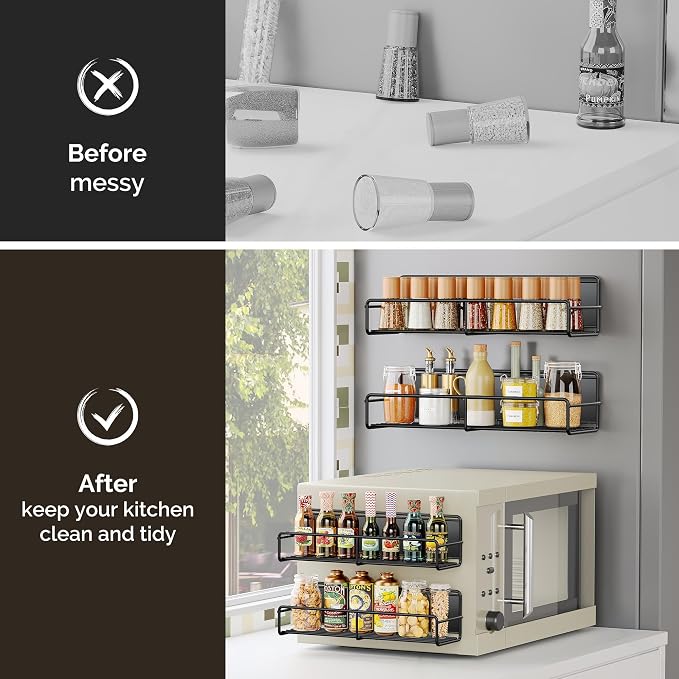 Mystozer 6 Pack Magnetic Spice Rack Organizer, Space Saver for Refrigerator and Whiteboard, Metal Fridge Shelf for Kitchen and Classroom Refrigerator Organizers and Storage Spice Rack Shelf (Black)