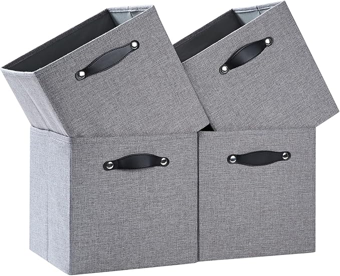 Cube Storage Bins | 13"x15"x13", Dim Gray, 4 Pack | Multi-Size | 2X Thick Support Board | Vegan Leather Handles | 7.7 oz/yd² Fabric | Drawer Insert Basket Fits KALLAX