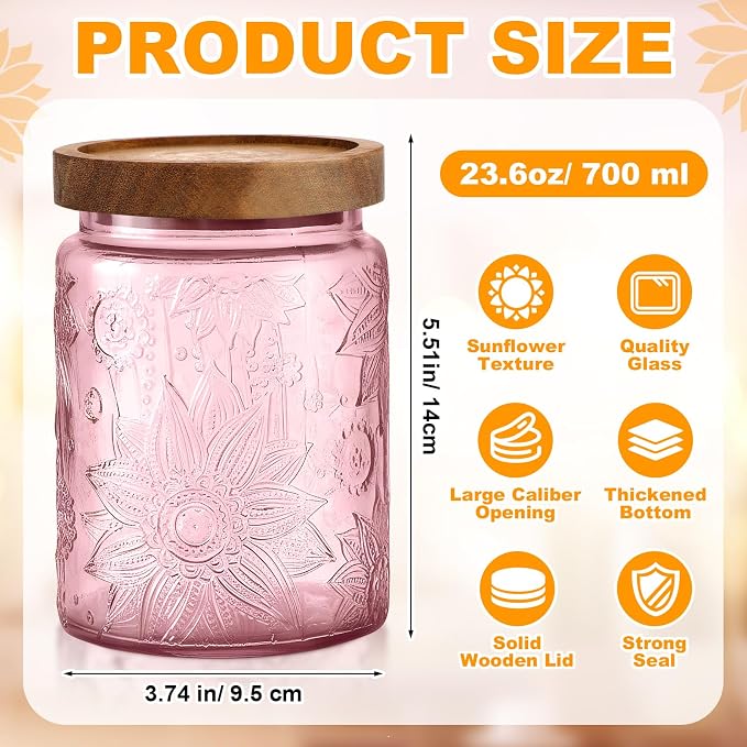 LemonRoad 8 Pcs Vintage Pink Glass Storage Jars 23.67 oz Candy Jar Canister with Solid Wood Lids Food Storage Container for Kitchen, Ground Coffee, Tea, Sugar, Decorative Mason Cookie Jar