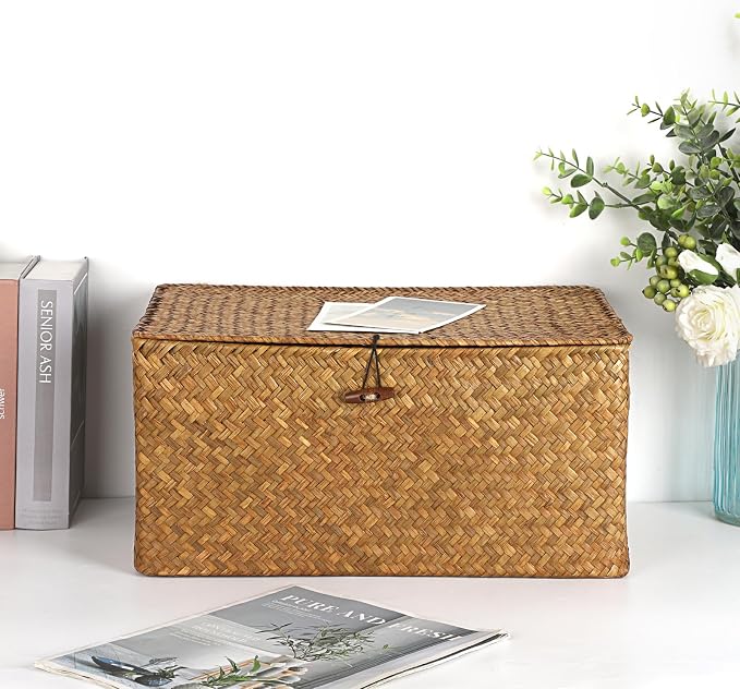 Hipiwe Wicker Shelf Baskets Bin with Lid, Handwoven Seagrass Basket Storage Bins Rectangular Household Basket Boxes for Shelf Wardrobe Home Organizer, Caramel X-Large