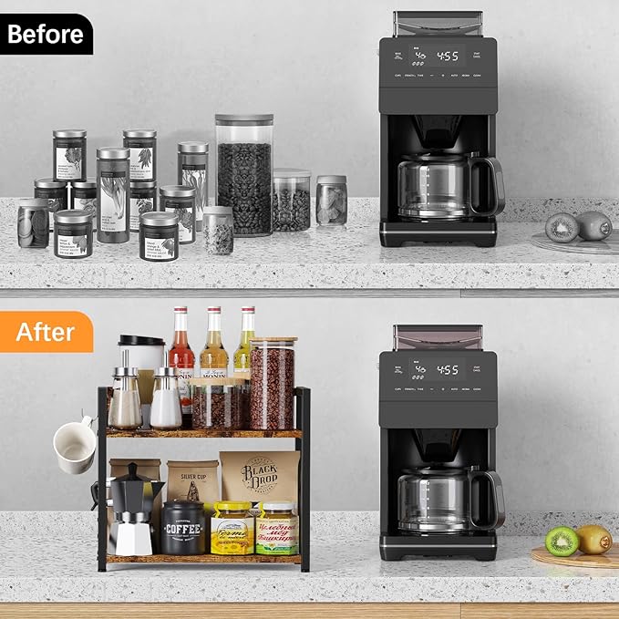 RUILALIFE 2 Tier Kitchen Counter Shelf Organizer, Coffee Bar Station Organizer for Countertop，Space Saving Spice Rack, Desk Shelf Riser, Coffee Bar Accessories(Rustic Brown, Medium)