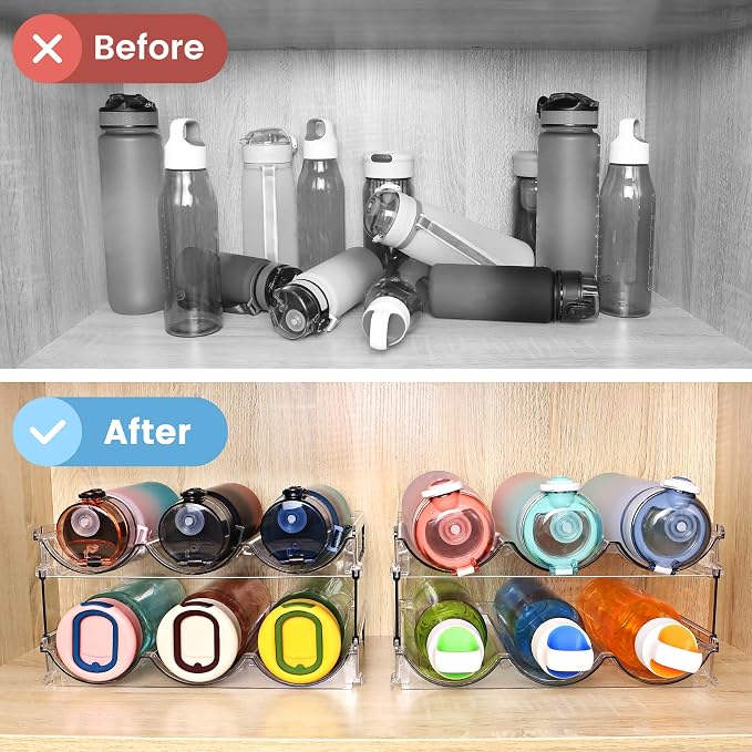 spospo Water Bottle Organizer for Cabinet, 4 Pack Water Bottle Organization and Storage Shelf, Plastic Water Bottle Holder Rack for Fridge, Kitchen, Desktop