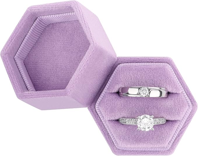 DesignSter Hexagon Velvet Ring Bearer Box - Premium Gorgeous Vintage Double Ring Display Holder with Detachable Lid for Proposal, Engagement, Wedding, Ceremony (Lilac)