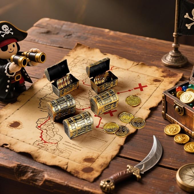 36Pcs Mini pirate treasure chest 2.28 x 1 x 1.57 Inch Plastic toy pirate chest with a Gold finish Vintage pirate small decorative box for Kids prizes Halloween Birthday Party Props
