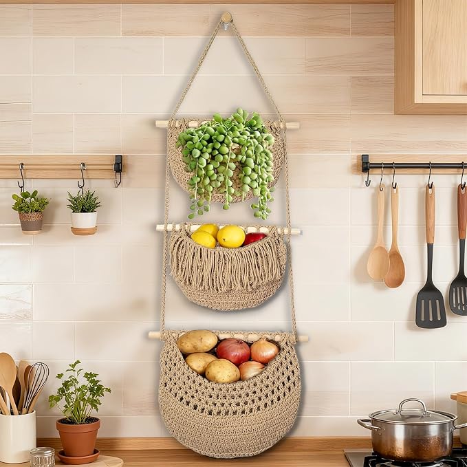 Halidali 3 Tier Hanging Fruit Baskets for Kitchen, Boho Cotton Rope Handwoven Vegetable Hammock Produce Storage Wall Mounted Large Organizing Basket for Farmhouse Decor, Onion, Potato (Linen)