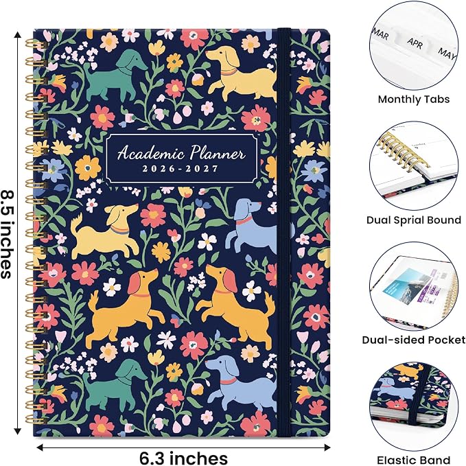 Planner 2026-2027, Hardcover Monthly and Weekly Academic Planner July 2026 - June 2027, Teacher and Student Calendar Agenda Book with Tabs, A5 (6.3" x 8.5"), Ideal for School and Office, Dachshund Party