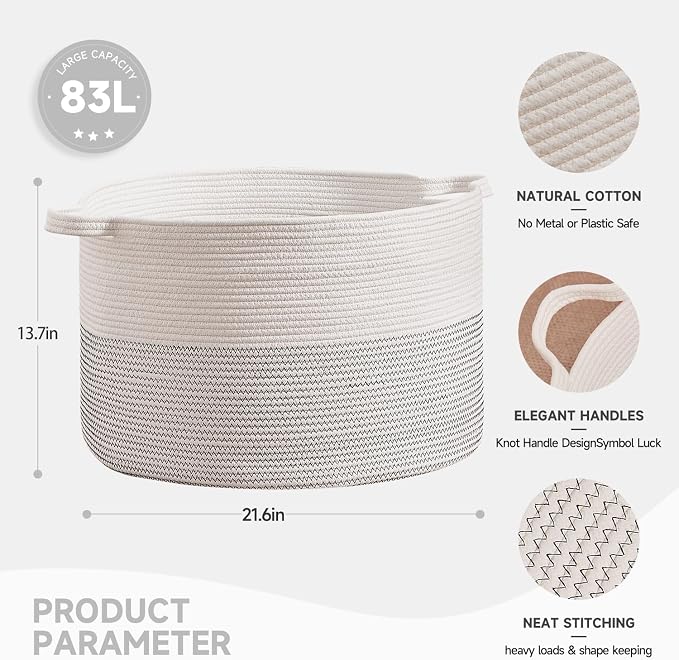 CLHMILY&Z Large Woven Storage Basket - 22x14.2 Inches - Modern Nursery Bin, Round Baby Toy Organizer, Soft Cotton Hamper for Home Decor, Multi-Purpose Home Tidy Solution