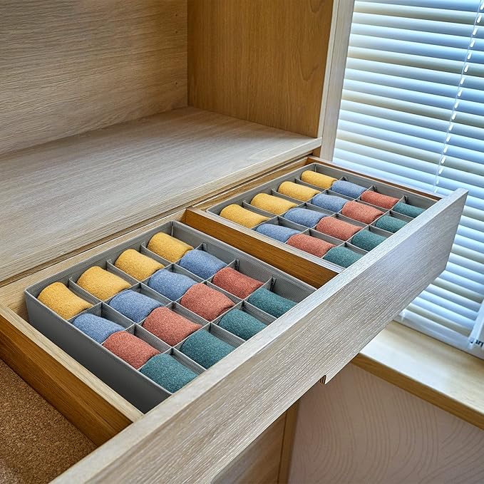 joyoldelf Sock Drawer Organizer Divider Underwear Organizer 16-cell Fabric Dresser Drawer Organizers Storage Boxes for Socks Lingerie, Handkerchiefs, Ties (Grey)