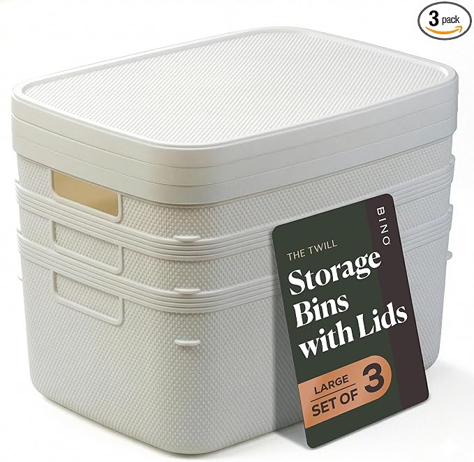 BINO | Plastic Storage Bins with Lids, 13 Liter - 3 Pack, White | THE TWILL COLLECTION | Plastic Bins for Organization | Woven Storage Baskets for Organizing | Pantry Shelf Organizer Basket Bin