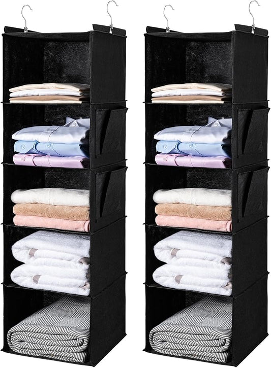 BOOMIBOO Hanging Closet Organize and Shelves，5-Hanging Shelf with 2 Side Pockets，Storage Foldable （2 Pack,Black）