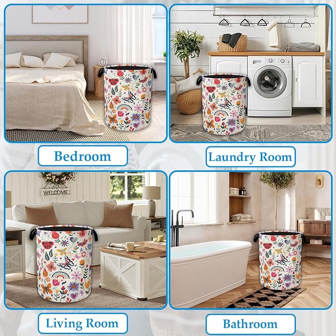 Colorful Butterfly Flowers Laundry Basket Collapsible Laundry Hamper Clothes Storage Bin for Bathroom Bedroom Room Decor 16" X 20.8"