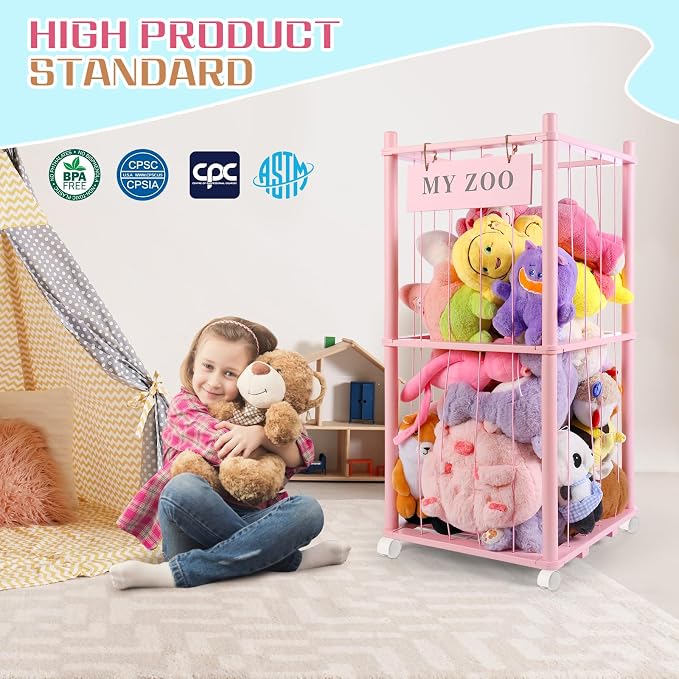 GLDZI Stuffed Animal Storage Zoo with Wheels, Wooden Stuffed Animal Organizer with Elastic Cords, Space Saving Toy Plushies Storage Holder for Playroom, Bedroom, Living Room(Pink, Small)