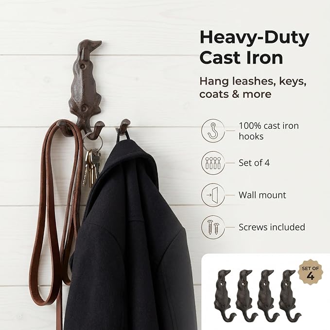 Lulu Decor, 4 Single Cast Iron Dog Tail Hooks, Loose (LB20P4)