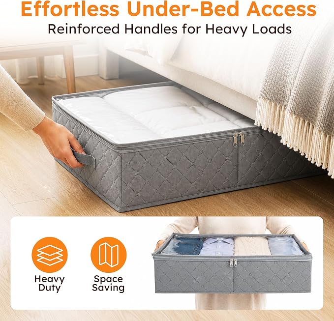 LotFancy Under Bed Storage Bags with Clear Window & Handles, 24” x 16” x 6" | Foldable Closet Organizers, Clothes Blankets Container, Space-saving Storage Bins, with Cardboard Support, Pack of 2, Gray