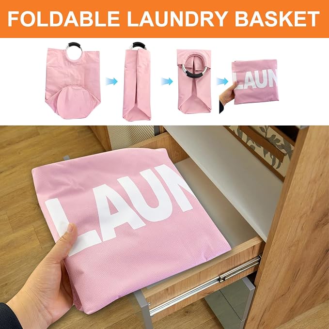 Mziart Large Laundry Basket with Padded Handles, 90L Pink, Oxford Fabric Laundry Hamper Tall Laundry Bag Clothes Hamper Storage Organizer for Bedroom Bathroom College Dorm, Collapsible and Waterproof
