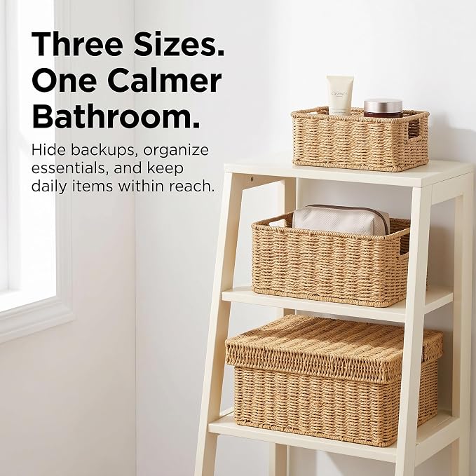 Wicker Storage Basket with Lid - Woven Basket for Storage,Rectangular Decorative Boxes Bins with Lids for Shelves,living room, Nursery, 3 baskets+1 lids(Natural)