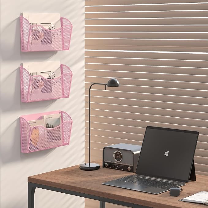 EasyPAG Wall File Organizer, Metal Mesh Hanging File Folder Holder for Letter/A4 Size Folders, Vertical Wall Mount Mail Sorter for Office Paperwork, Classroom, Pink