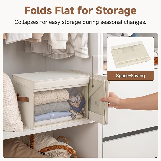 StorageWorks Fabric Storage Bins with Lids, Large Closet Storage Bins | Flip-Top Lid, Clear Window, Handles, Collapsible, for Clothes Blankets Books, Closet Box, Ivory White, 2-Pack