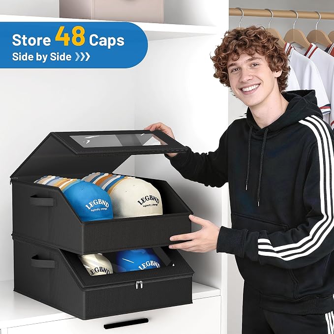 AOODA 2 PCS Sturdy Hat Storage for Baseball Caps, Holds up to 48 Caps Clear Hat Organizer for Closet, Bedroom, Wide Hat Box with Cardboard (Pure Black)