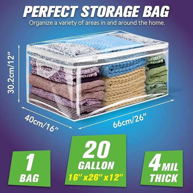 Large Storage Bag for Clothes, Jumbo Zipper Totes | 20 Gallon xxl, Flexible, Clear Extra Thick Plastic, Reinforced Handles, Double Zip