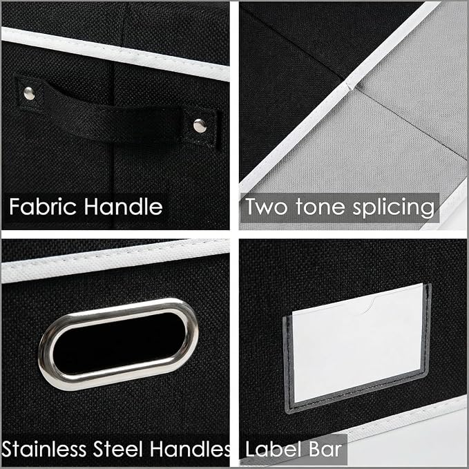 PRANDOM Storage Boxes with Lids [3-Pack] Fabric Collapsible Storage Bins Organizer Containers Baskets Cube with Cover for Home Bedroom Closet Office Nursery Black（23.4X15.9X11.5