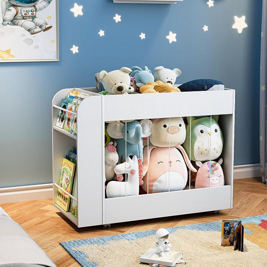 3-in-1 Toy Storage Box with Bookshelf and Chalkboard, Large Stuffed Animal Toy Chest on Wheels, Kids Toy Storage Organizer Bin for Kids Room, Nursery & Playroom, for Kids, White